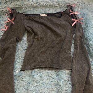 Grey off the Shoulder flared Long Sleeve Top with Pink Ribbon Bow Accents